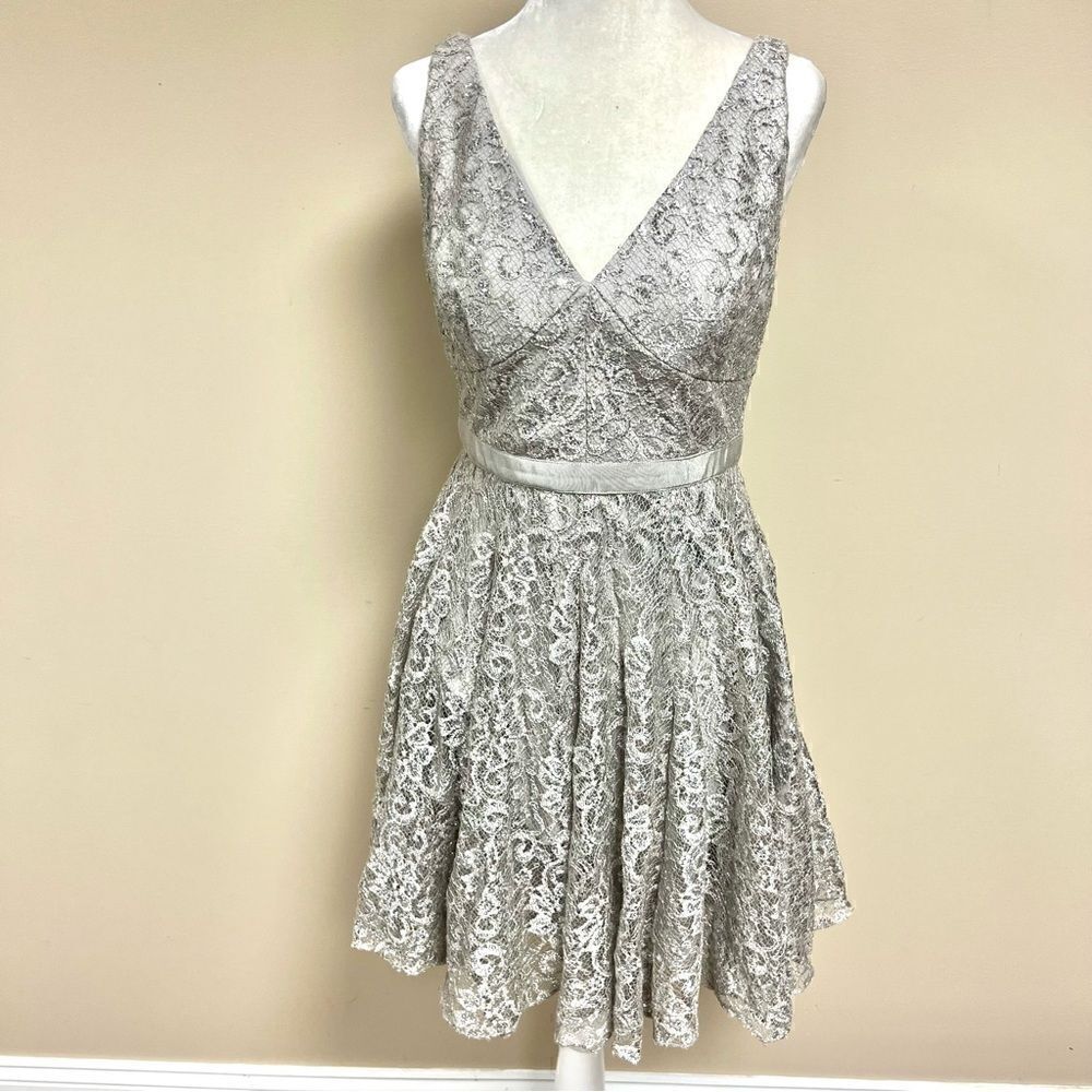 Adrianna Papell silver lace midi dress.  Size 4